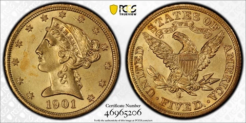 1901 $5 Half Eagle Gold Coins thumbnail