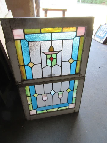 Antique Reclaimed Stained Glass Window Pairs thumbnail